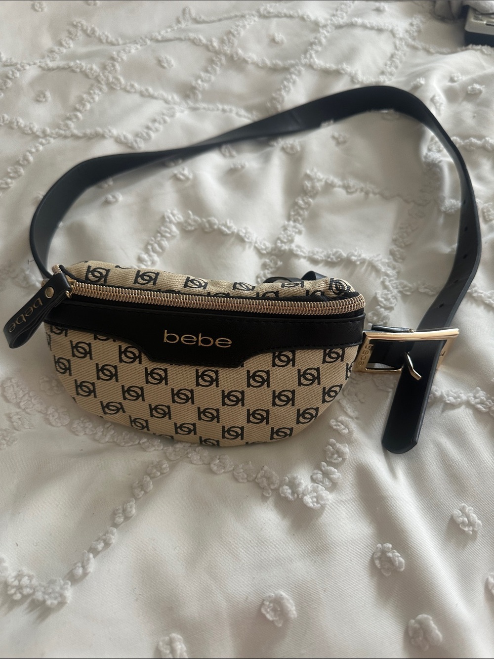 bebe Beige and Black Monogram Belt Bag